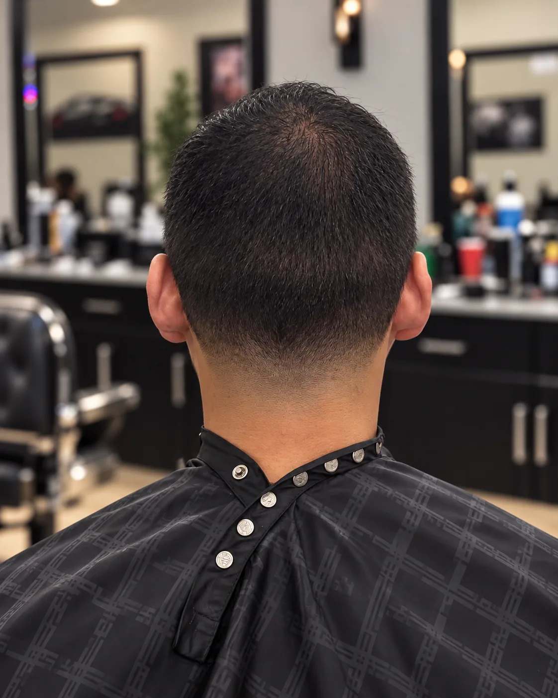 Back view showing a clean tapered neckline on a men’s haircut