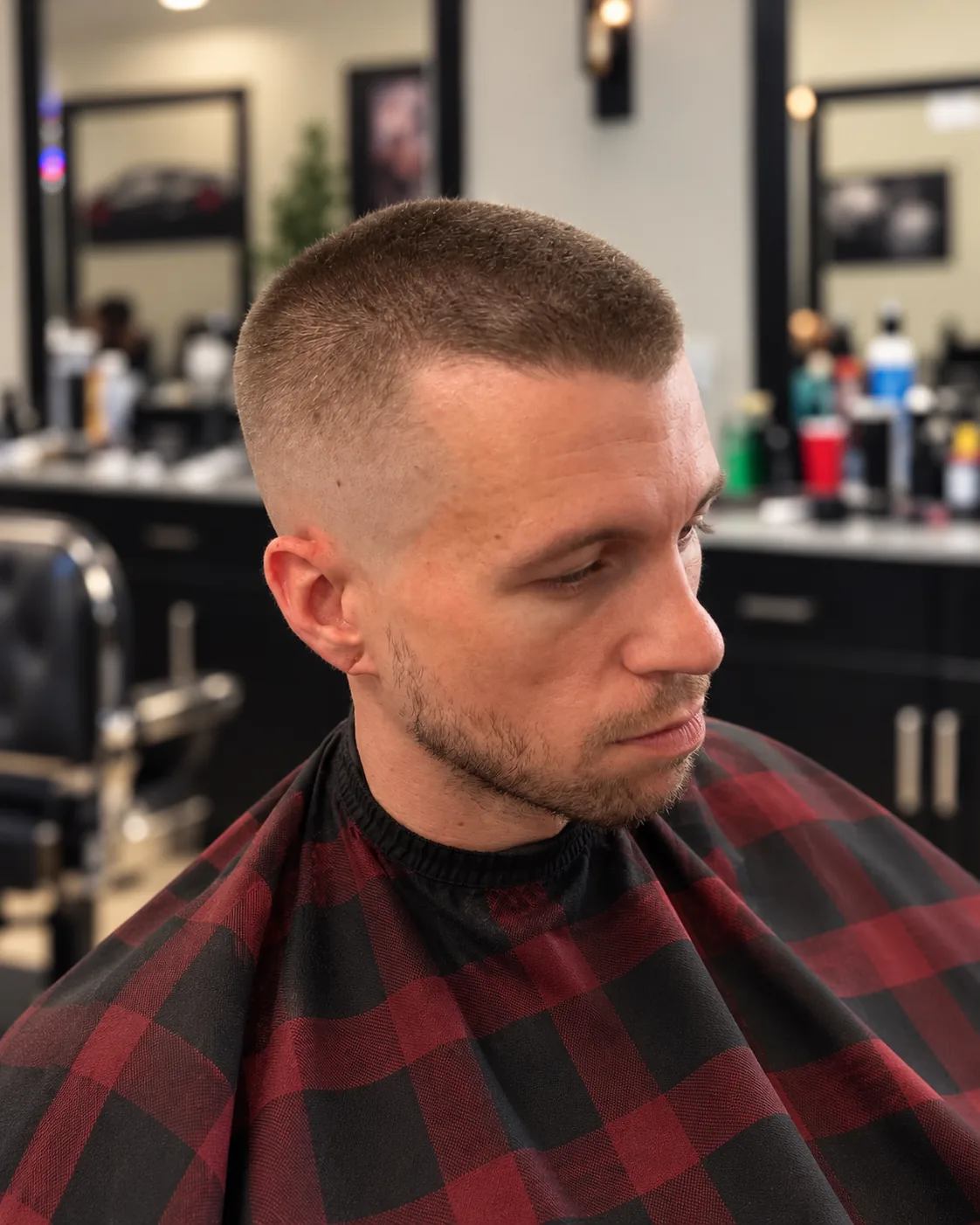 Short classic men's haircut with natural salt-and-pepper texture